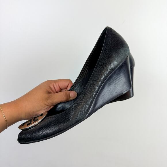 Tory Burch Sally Wedge Heels Peep Toe Black Silver - 9.5 - Picture 5 of 10